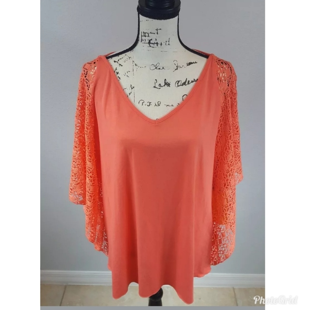 Ruby Rd. Cabana Cool Blouse Butterfly Lace Sleeves Orange Size XL
